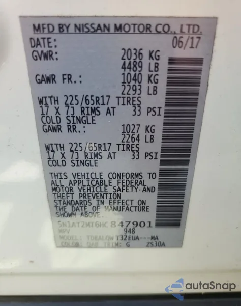 2017 Nissan Rogue S z USA, uszkodzony, nr VIN 5N1AT2MT6HC847901